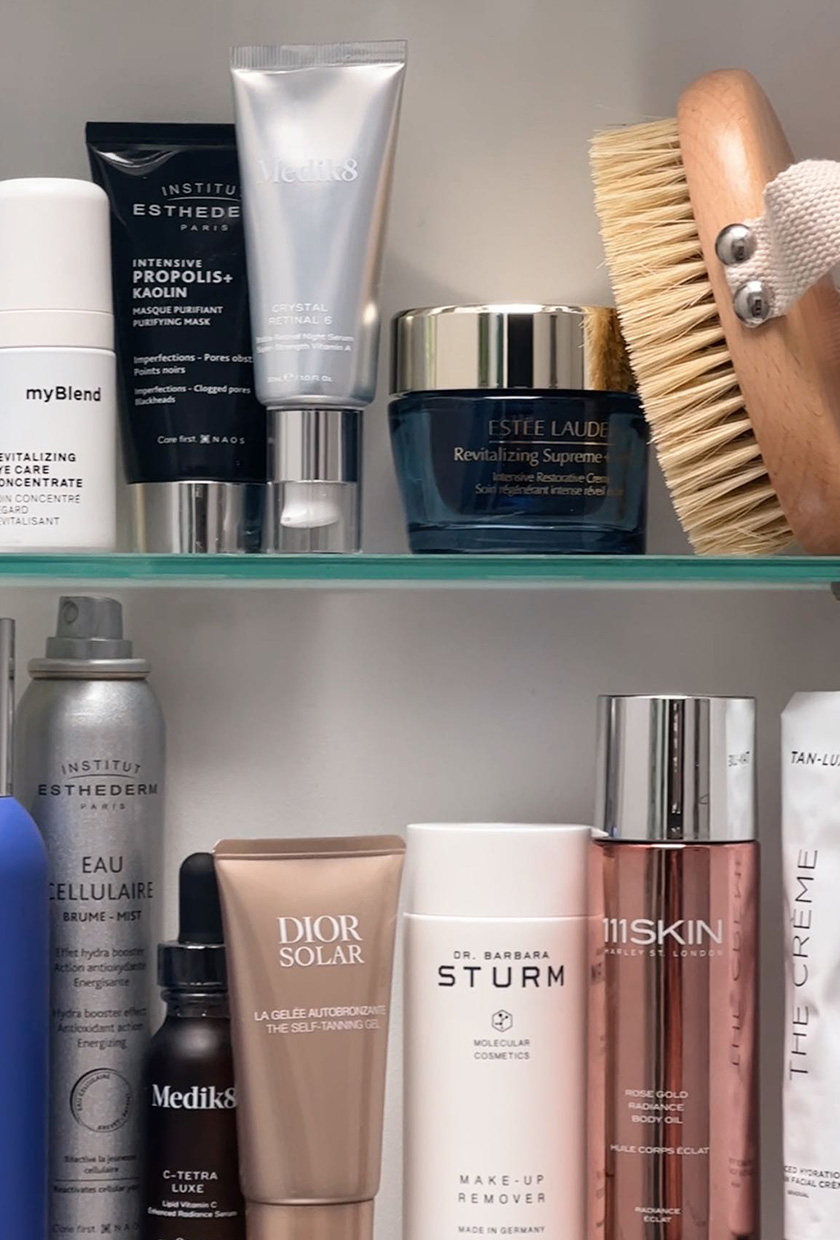 Skincare products in bathroom cabinet