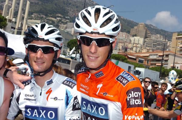 The Schleck brothers, Frank and Andy, await the start of stage two in Monaco.