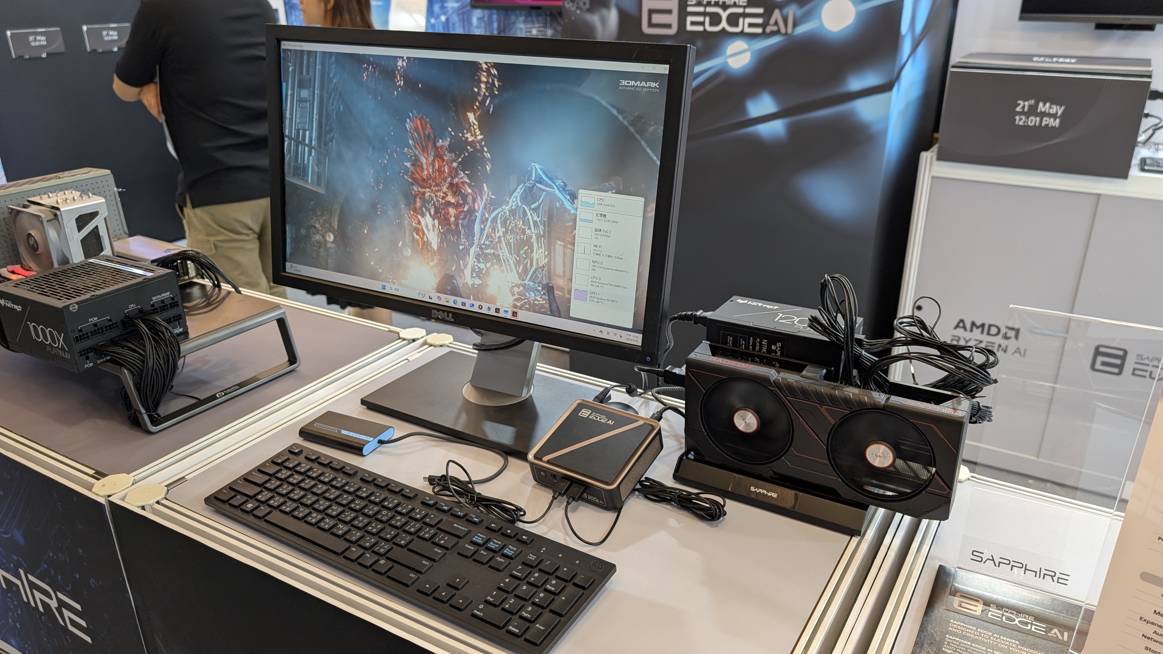 Sapphire Edge AI box with external GPU setup running a workstation at Computex 2025