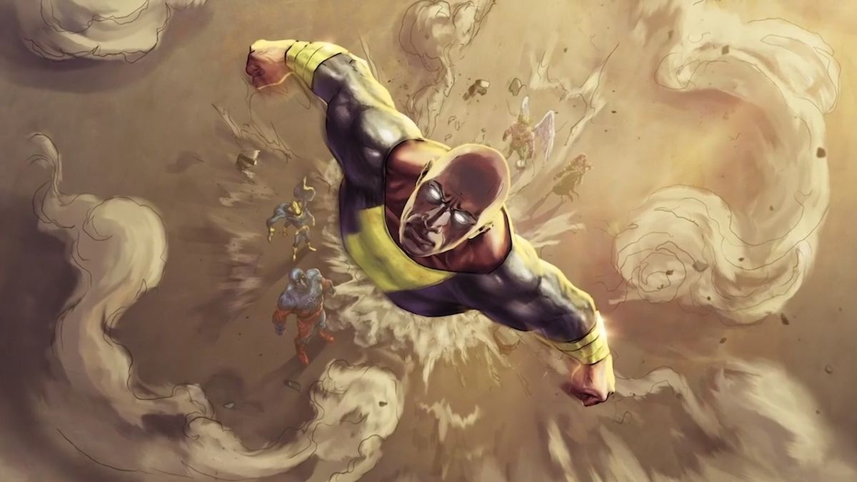 Black Adam flying away from Justice Society concept art