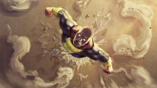Black Adam flying away from Justice Society concept art