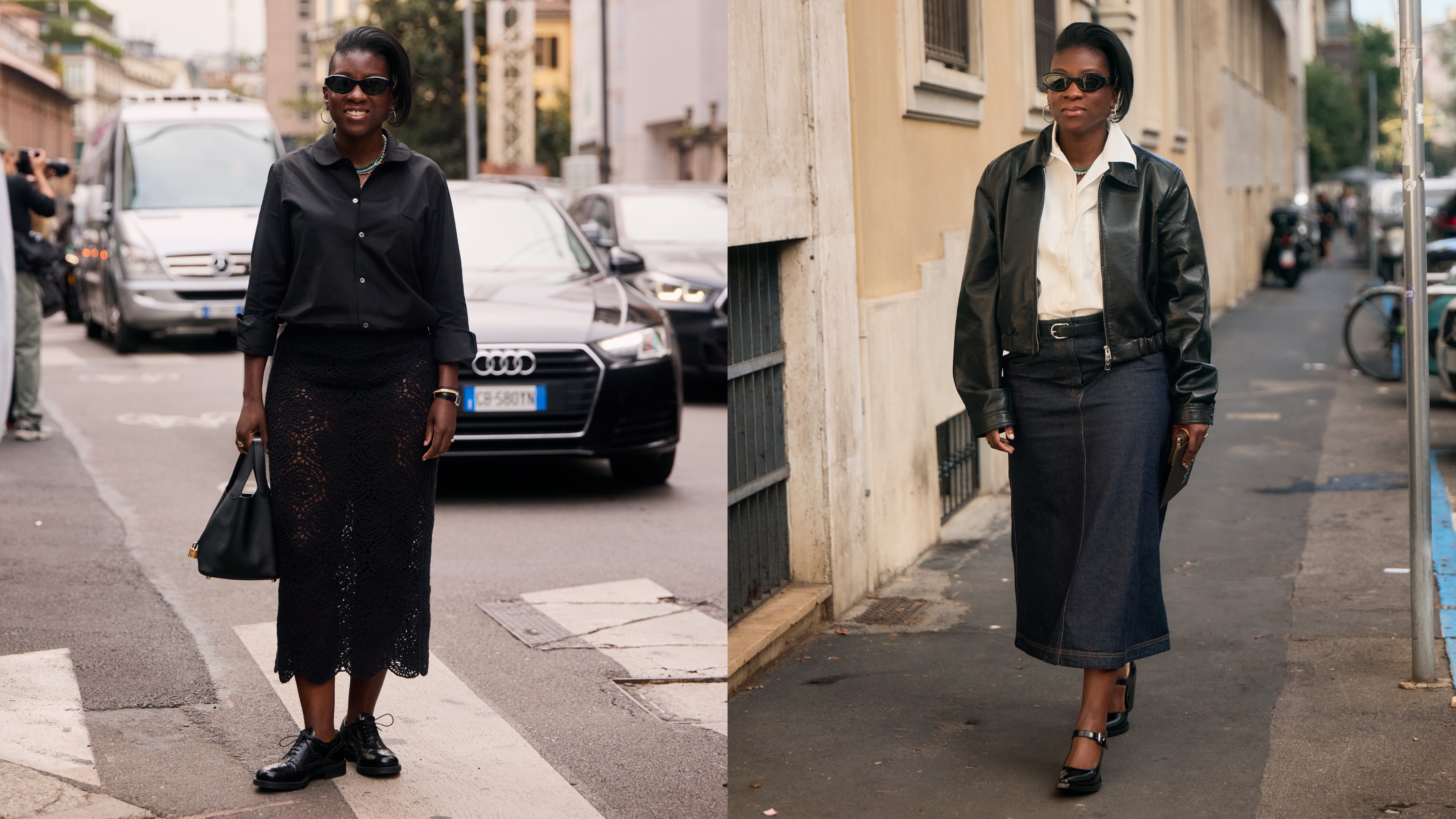 collage of nikki ogunnaike wearing skirts