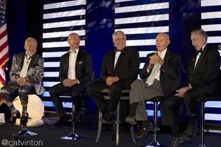 Bezos appeared on stage with legendary Apollo 11 moon-walker Buzz Aldrin. Credit: Cat Vinton