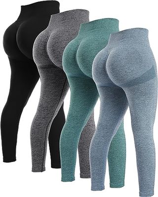 Normov 4 Piece Butt Lifting Workout Leggings for Women, Seamless Gym Scrunch Booty Lifting Sets(black/blue/grey/forest Green, M)