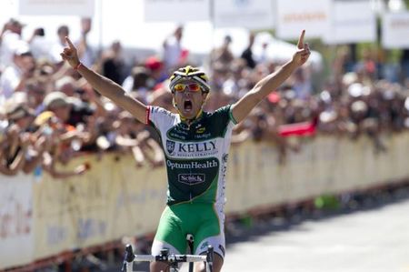 Jesse Anthony (Kelly Benefit Strategies-OptumHealth) salutes as he crosses the line in Ogden