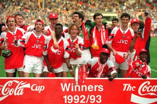 Arsenal players celebrate their League Cup final win over Sheffield Wednesday in April 1993.