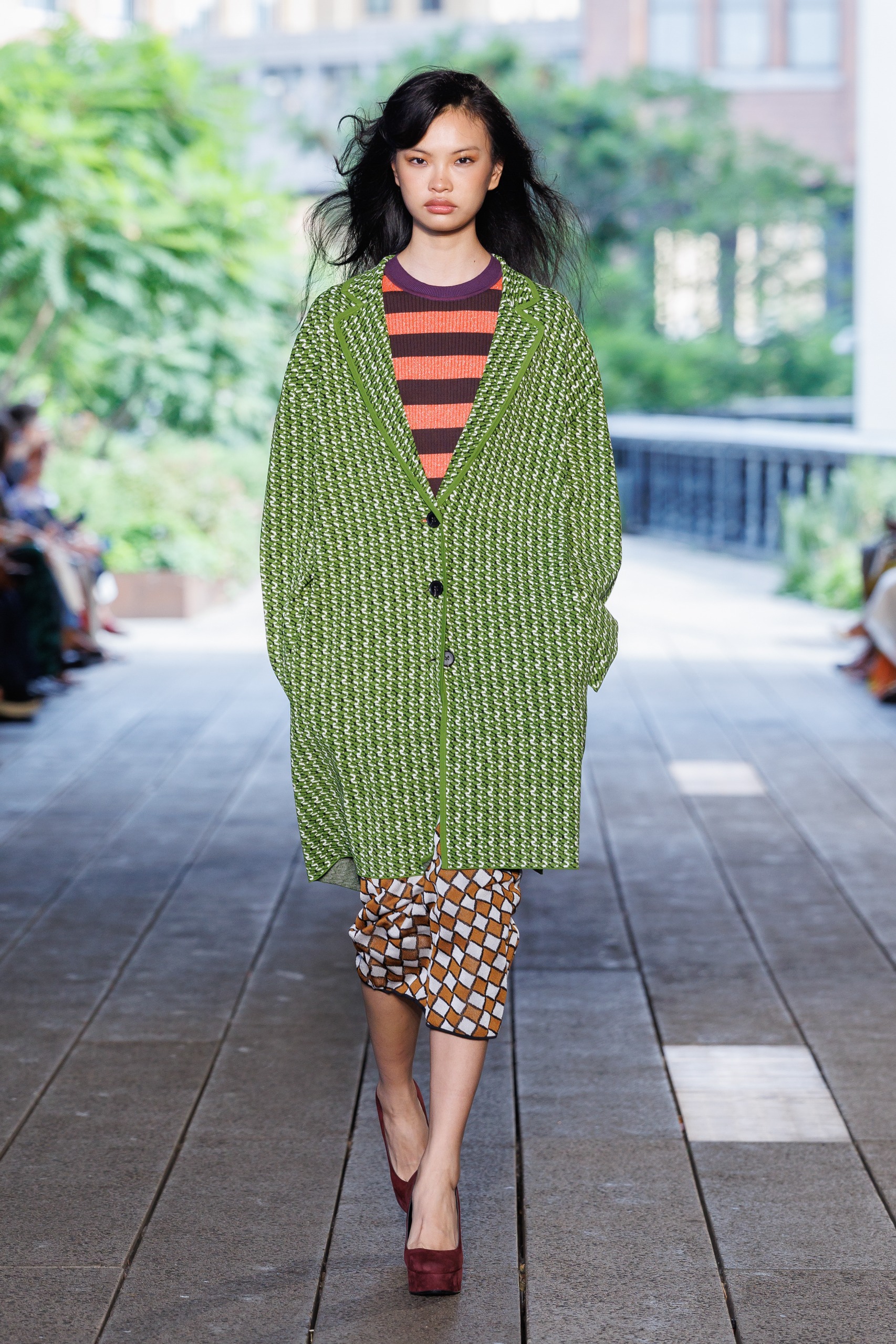 A model on the DVF Spring 2027 runway at New York Fashion Week.