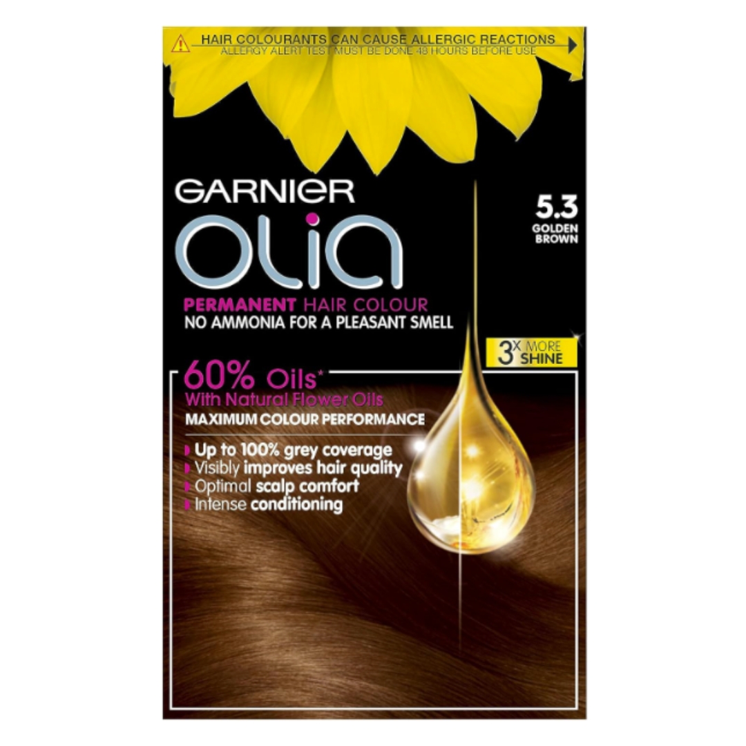 A product shot of the Garnier Olia Permanent Hair Colour in 5.3 Golden Brown, on a white background