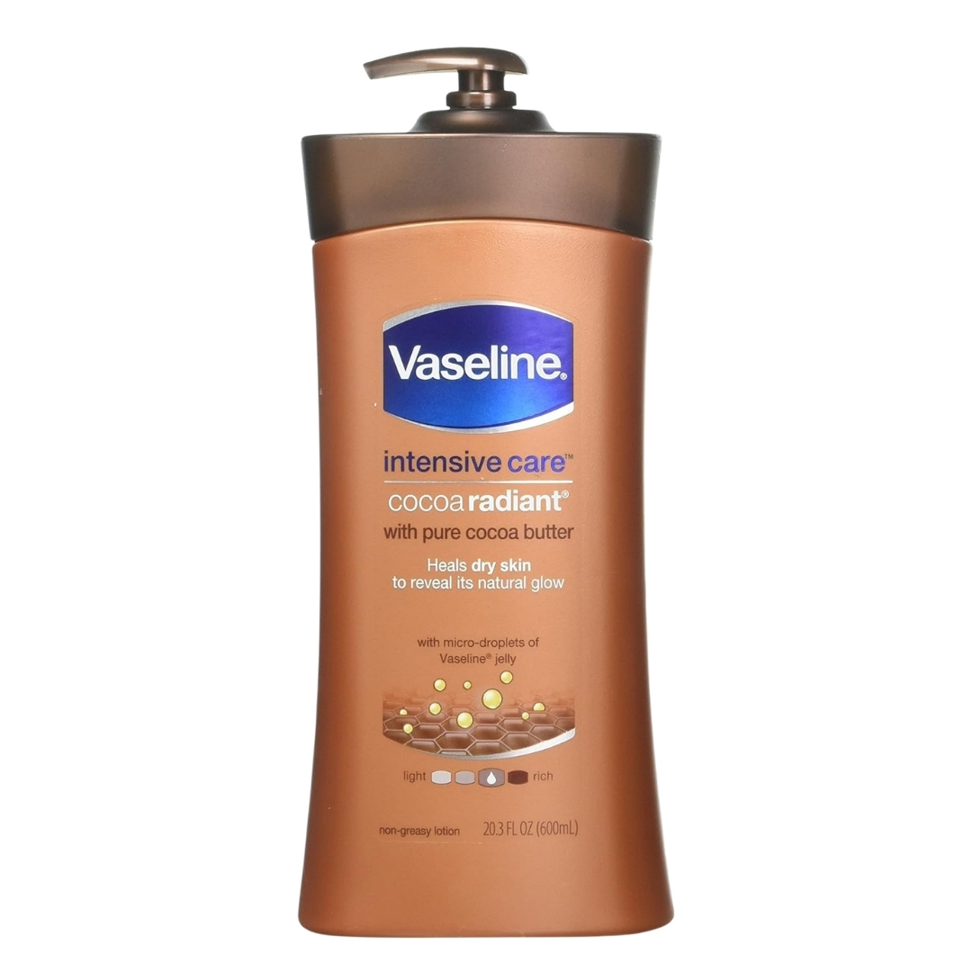 A product shot of the Vaseline Intensive Care Cocoa Radiant body lotion, on a white background