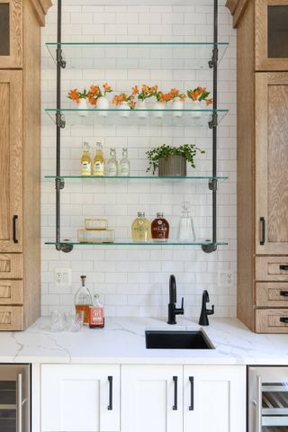 Styled wet bar with shelves