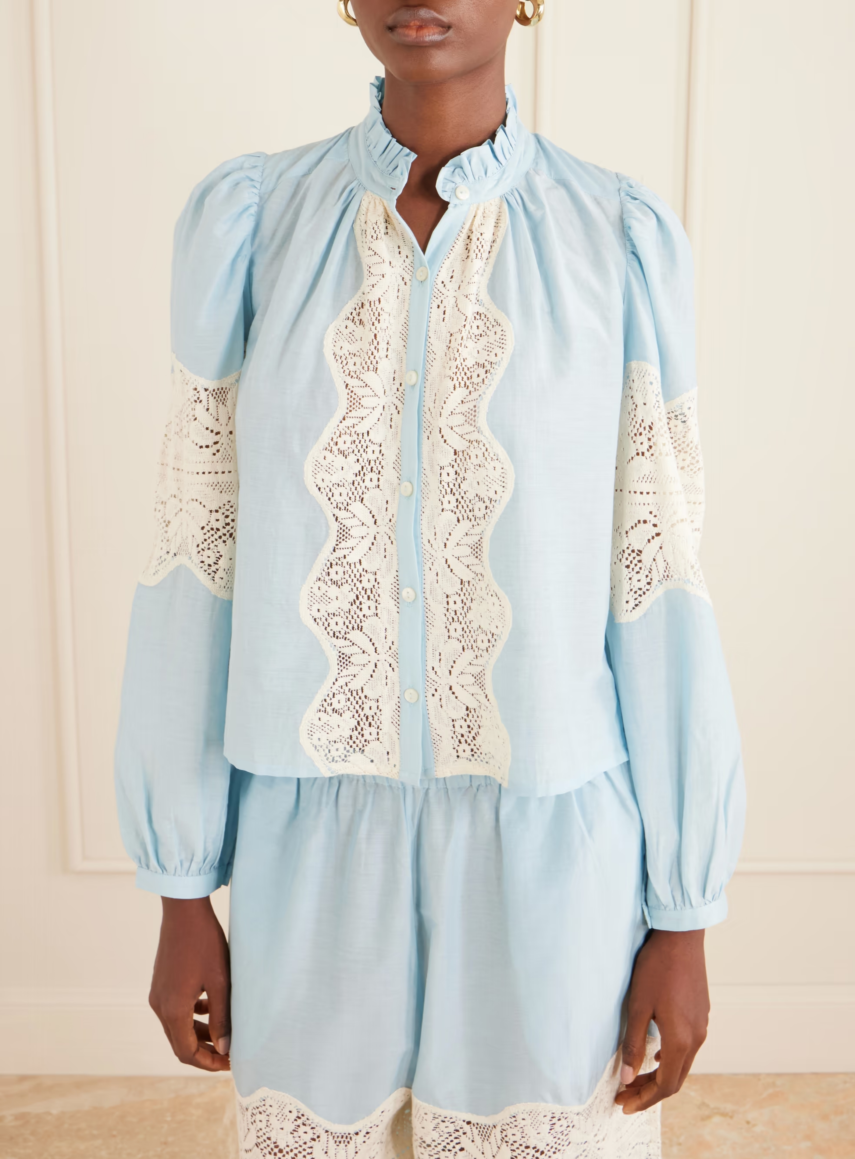 Annabel Sky Lace-Trimmed Cotton and Silk-Blend Blouse