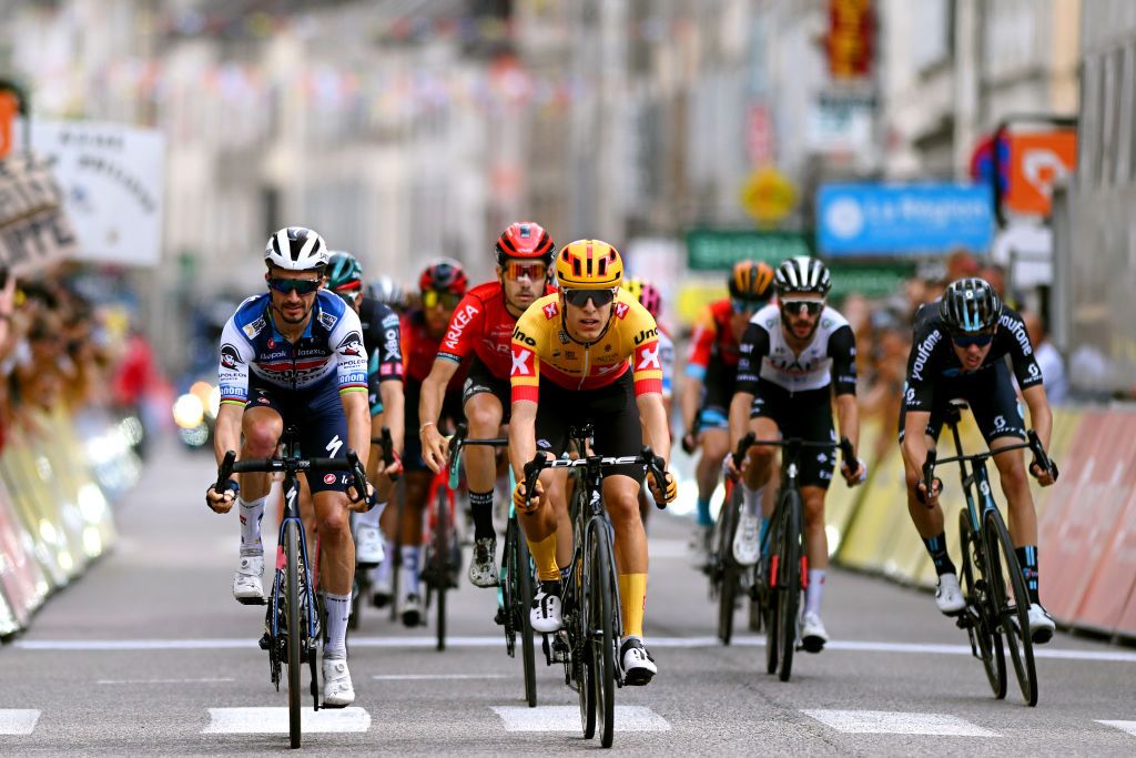 SALINSLESBAINS JUNE 08 LR Julian Alaphilippe of France and Team Soudal Quick Step Clment Champoussin of France and Team Arka Samsic Tobias Halland Johannessen of Norway and UnoX Pro Cycling Team and Max Poole of The United Kingdom and Team DSM cross the finish line during the 75th Criterium du Dauphine 2023 Stage 5 a 1911km stage from CormoranchesurSane to SalinslesBains UCIWT on June 08 2023 in SalinslesBains France Photo by Dario BelingheriGetty Images