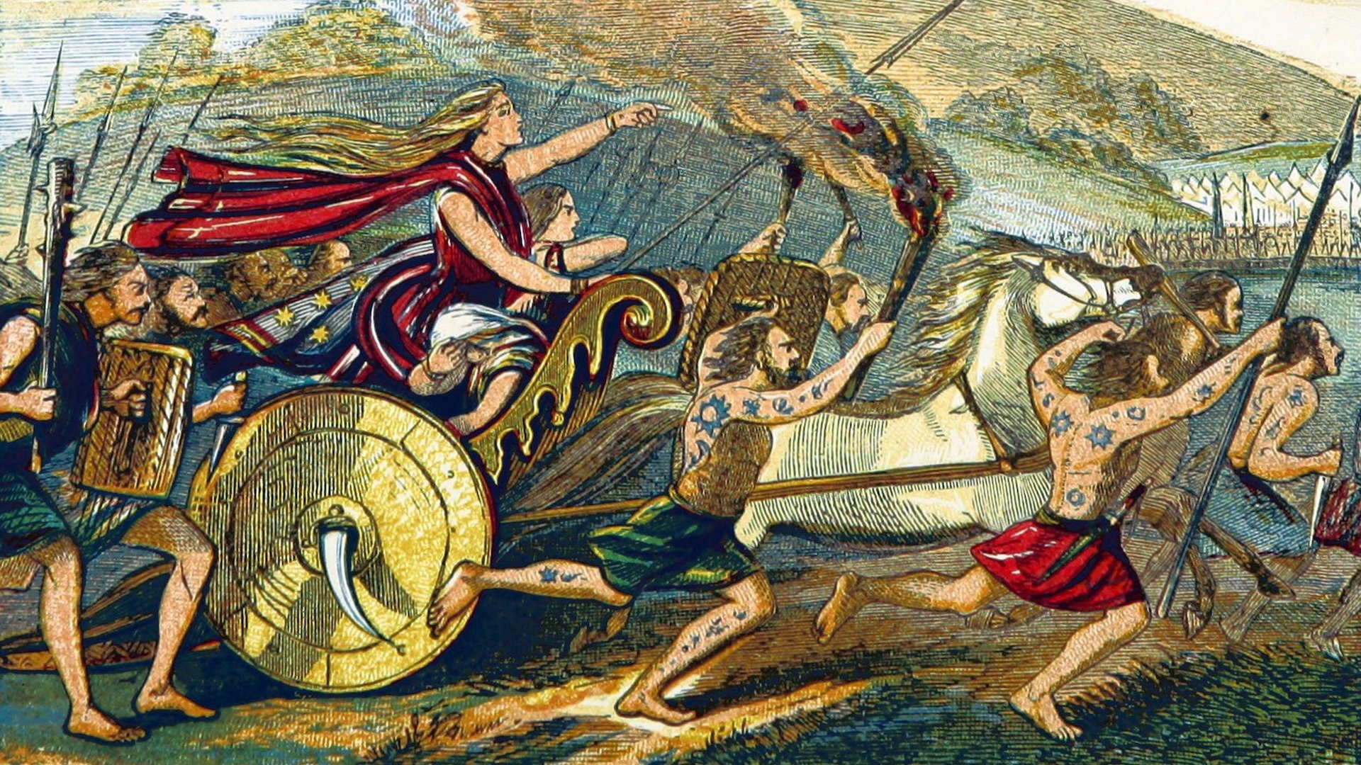 An illustration of Queen Boudica leading a rebellion. She is on a chariot and warriors are running next to it.