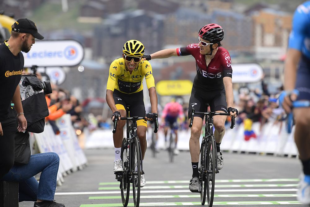 Egan Bernal and Geriant Thomas (Team Ineos) cross the finish line of stage 20 on Val Thorens