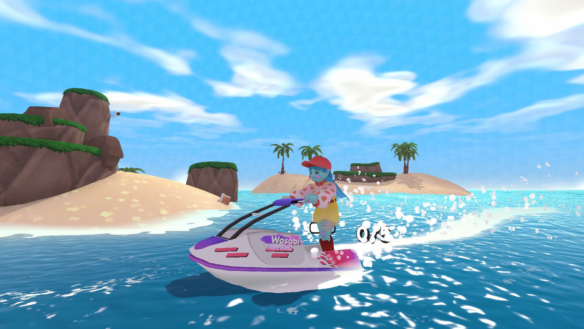 A blue-skinned girl in a hat and oversized clothes jetskis around a few small islands with the blue sky shining above, in a screenshot from Bobo Bay.