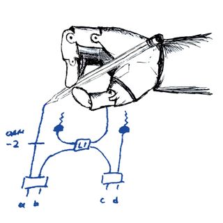 Illustration of a robot hand drawing the design for a quantum experiment.