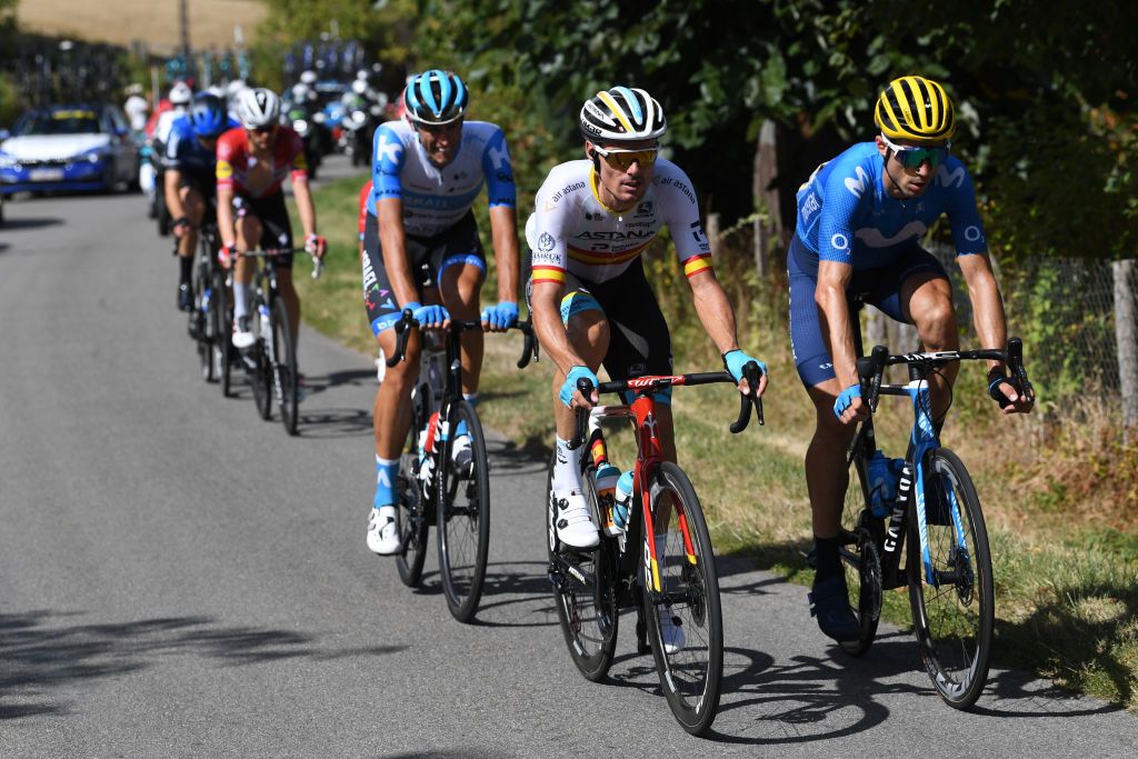 SARRAN CORRZE FRANCE SEPTEMBER 10 Luis Leon Sanchez Gil of Spain and Astana Pro Team Imanol Erviti of Spain and Movistar Team Nils Politt of Germany and Team Israel StartUp Nation Breakaway during the 107th Tour de France 2020 Stage 12 a 218km stage from Chauvigny to Sarran Corrze 658m TDF2020 LeTour on September 10 2020 in Sarran Corrze France Photo by Tim de WaeleGetty Images