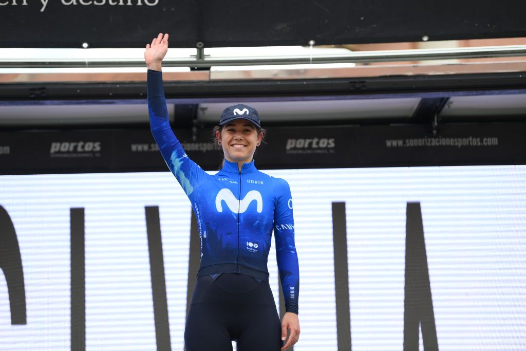 MELGARDEFERNAMENTAL SPAIN MAY 18 Sara Martin of Spain and Movistar Team celebrates at podium as winner of the trophy for best Burgalesa during the the 9th Vuelta a Burgos Feminas 2024 Stage 3 a 122km stage from Roa de Duero to Melgar de Fernamental UCIWWT on May 18 2024 in Melgar de Fernamental Spain Photo by Alex BroadwayGetty Images