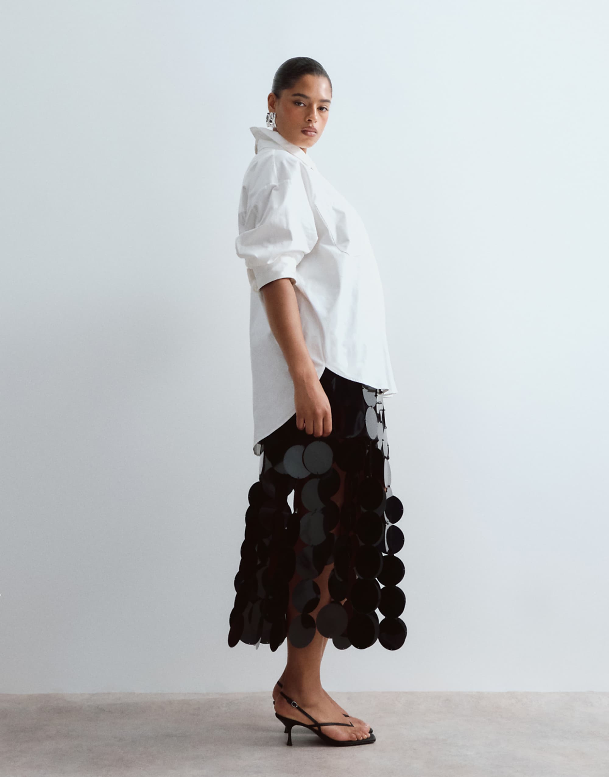 Arrange Curve Disc Sequin Column Midi Skirt in Black