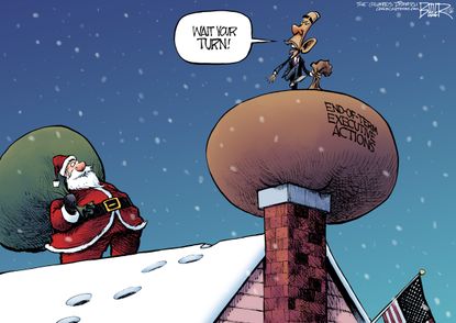 Political cartoon U.S. Christmas holiday Obama executive actions