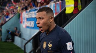 France forward Kylian Mbappe celebrates after scoring against Denmark in the 2022 World Cup in Qatar.