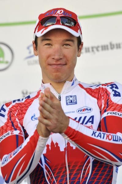 Denis Galimzyanov (Katusha) on the podium for winning stage one at the Tour de Luxembourg.
