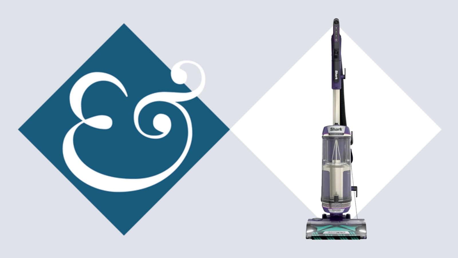 Shark POWERDETECT Upright Vacuum on tile background next to Homes &amp; Gardens '&amp;' logo.