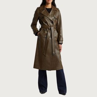 Image of faux leather green trench coat