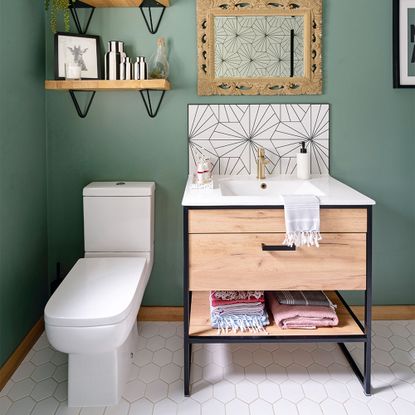 green bathroom with vanity unit and toilet