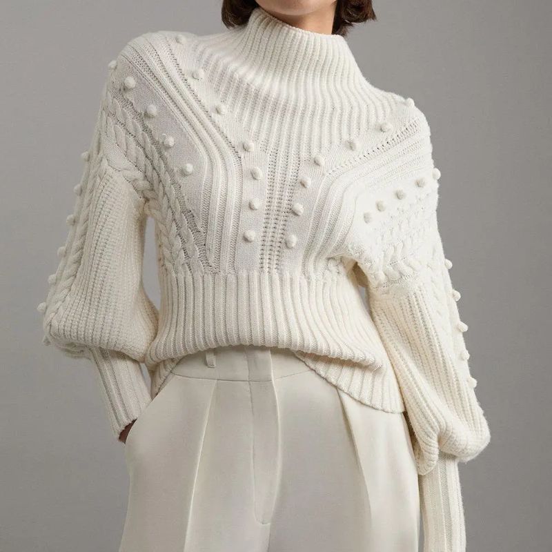 Bobble Detail Balloon Sleeve Cable Knit Viscose Blend Jumper