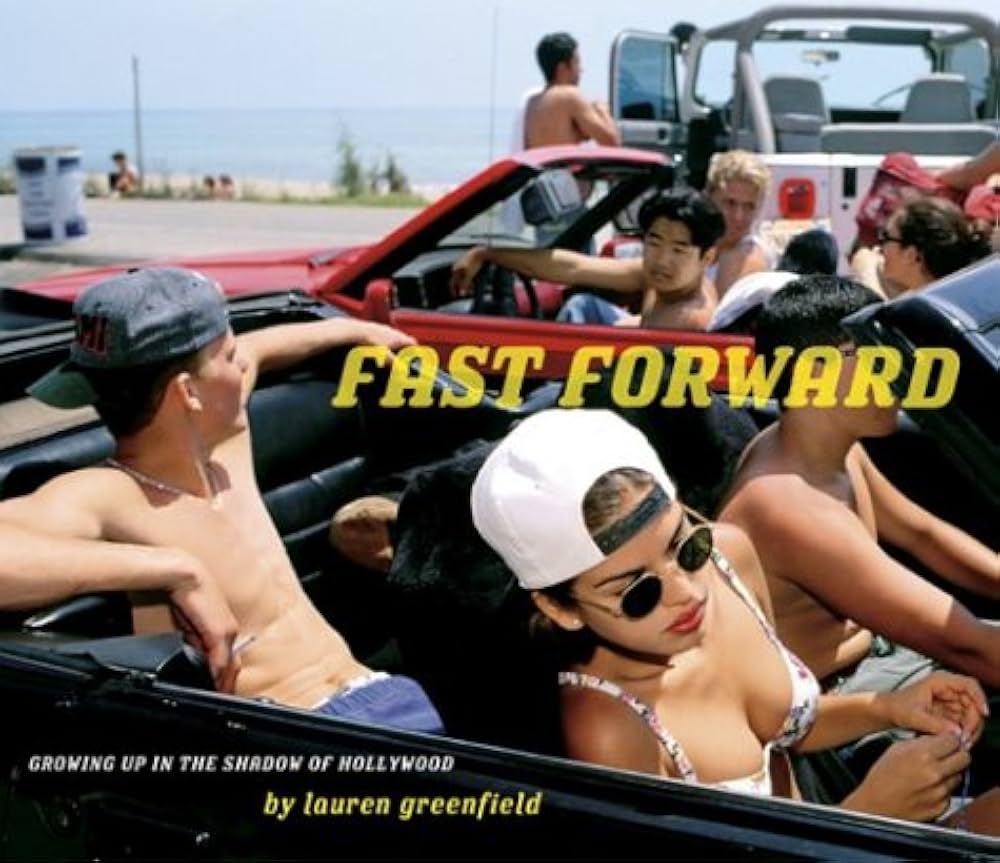 the cover of the photo book fast forward with teenagers driving in convertibles in los angeles by the beach