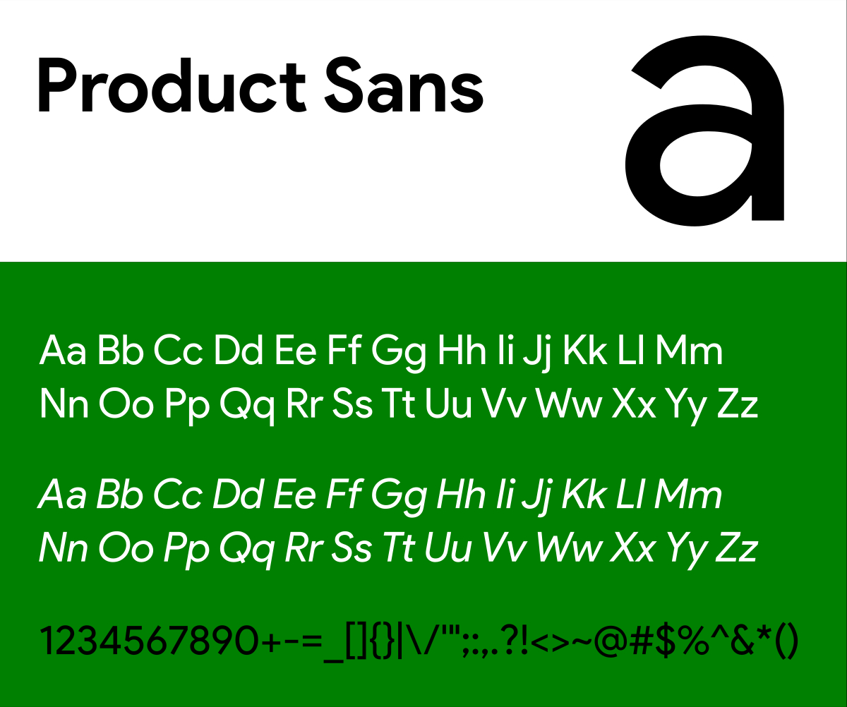 A typeface sheet showing the 'Product Sans' (now Google Sans) font.