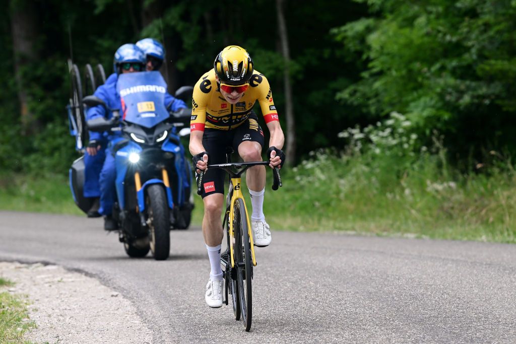 SALINSLESBAINS JUNE 08 Jonas Vingegaard of Denmark and Team JumboVisma competes in the breakaway during the 75th Criterium du Dauphine 2023 Stage 5 a 1911km stage from CormoranchesurSane to SalinslesBains UCIWT on June 08 2023 in SalinslesBains France Photo by Dario BelingheriGetty Images