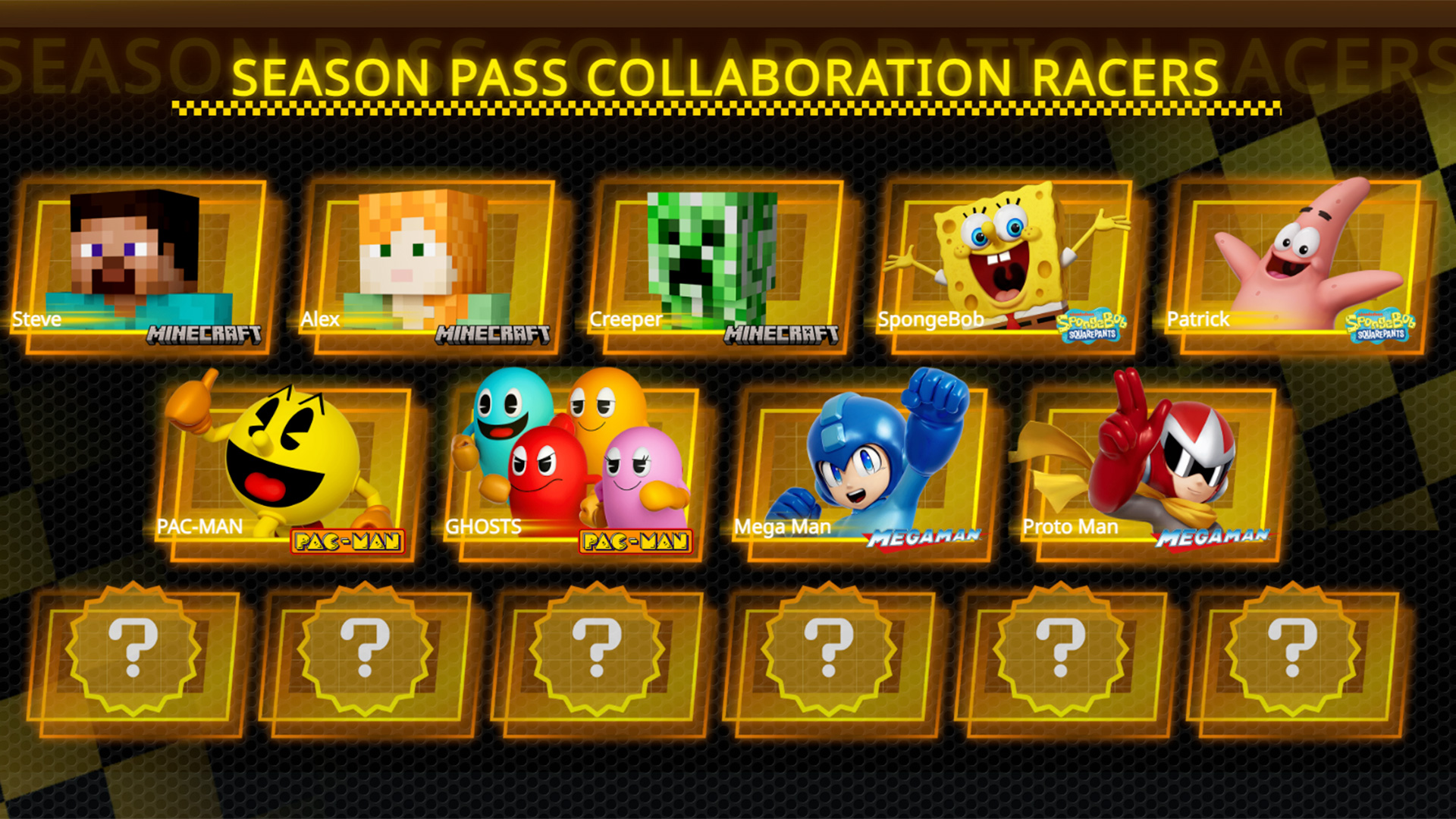 Screen showing the upcoming Season Pass Collaboration Racers in Sonic Racing: CrossWorlds