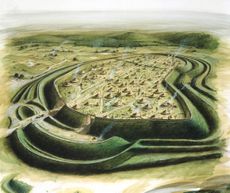 Artist Paul Birkbeck's impression of what Maiden Castle would have looked like in its heyday, the 5th century BC. (Photo by English Heritage/Heritage Images/Getty Images)