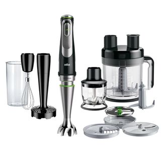 Braun MultiQuick 9 immersion blender with its whisk, mashing, chopping, and blending attachments