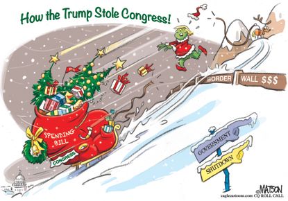 Political cartoon U.S. Trump congress spending bill border wall government shutdown