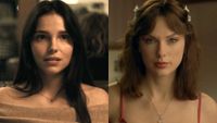 Inde Navarrette wearing a light brown off-the-shoulder top as Nikki in Obsession (2026), Taylor Swift in a red spaghetti-strap top in the Opalite (Official Music Video).