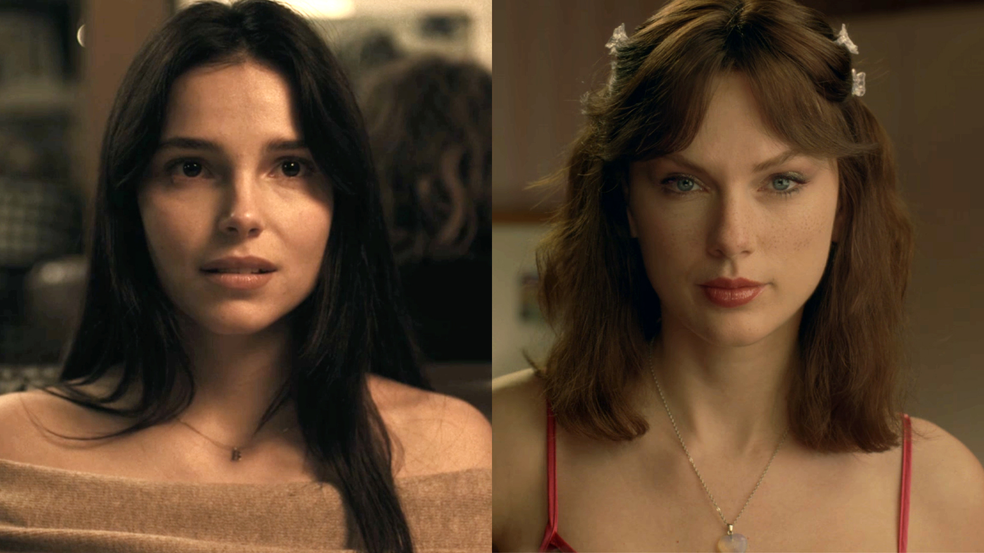 Inde Navarrette wearing a light brown off-the-shoulder top as Nikki in Obsession (2026), Taylor Swift in a red spaghetti-strap top in the Opalite (Official Music Video).
