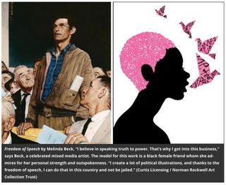 "Freedom of Speech" left panel - Norman Rockwell painting. Right panel- Artwork depicting young black woman speaking