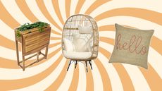 Walmart balcony furniture and decor buys including a plant stand, boho chair, and an outdoor pillow on a sunny yellow and orange background