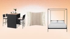 Collage of Wayfair sale trio ahead of Way Day with compact black rattan dining patio set on left, boho cream tasselled pillow in middle, and black metal canopy bed on right on fading orange background