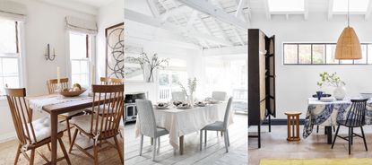 white dining room ideas. Three images that show different types of white dining room ideas.