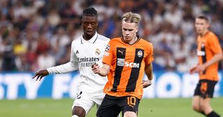 Arsenal target Mykhaylo Mudryk of Shakhtar and Eduardo Camavinga of Real Madrid in action during the UEFA Champions League, Group F, football match played between Real Madrid and Shakhtar Donetsk at Santiago Bernabeu stadium on October 05, 2022, in Madrid, Spain.