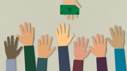 drawing of several hands reaching up for a dollar bill