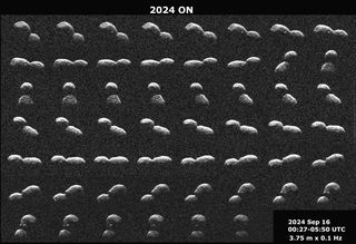 Many images of the peanut shaped asteroid in black and white in space