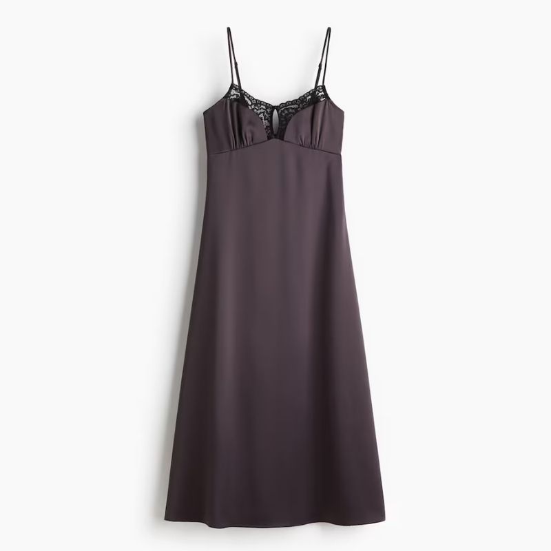 chocolate brown dress with black lace insert