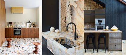 Kitchen surfaces. Modern kitchen with wooden cabinetry, terrazzo flooring. Close up of marbled splashback and countertop. Rustic wooden cabinetry with marble countertop.