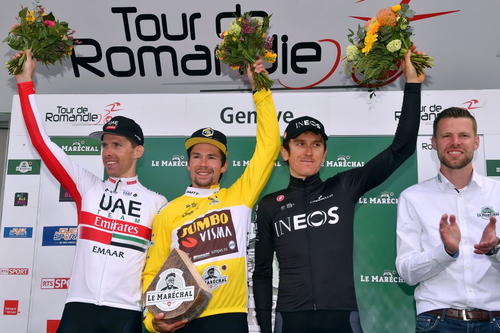 GENVE SWITZERLAND MAY 05 Podium Rui Alberto Faria da Costa of Portugal and UAE Team Emirates Primoz Roglic of Slovenia and Team JumboVisma Yellow Leader Jersey Geraint Thomas of Great Britain and Team INEOS Celebration during the 73rd Tour de Romandie 2019 Stage 5 a 169km Individual Time Trial from Genve to Genve ITT TDR2019 TourDeRomandie on May 05 2019 in Genve Switzerland Photo by Luc ClaessenGetty Images