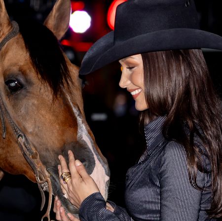 bella hadid petting her horse